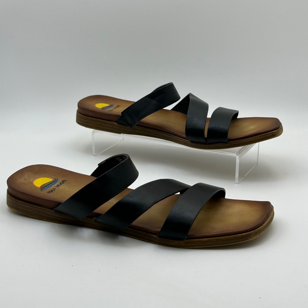 Maui Island Kona Sandals Womens 11M Black Triple Strap Flat Slide Beach Boho